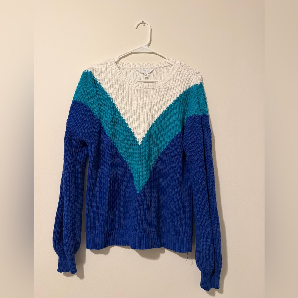Time and Tru Colorblock Chunky Knit Sweater • Blue Teal White Chevron
